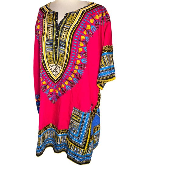 Mama and Papa Vintage Dashiki Shirt Cotton Fuchsia Patchwork Shirt with Pockets - Picture 4 of 10